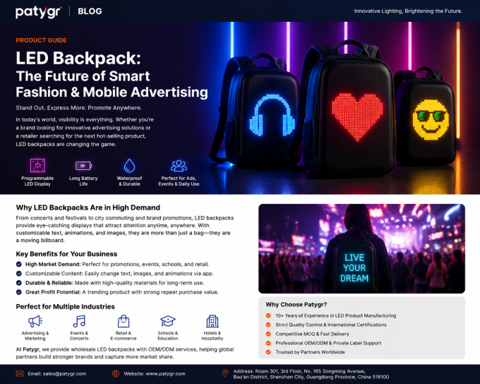 Displays Patygr LED Backpacks in real-world B2B event settings, highlighting programmable RGB lights, customization, and high visibility for distributors and brands.”
